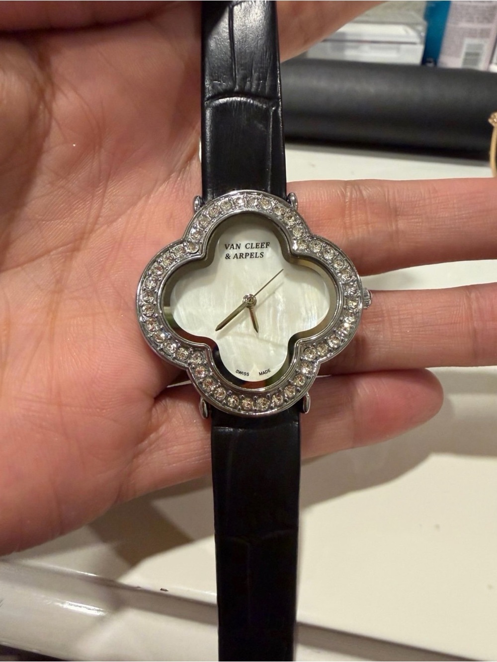Source unknown Mother-of-Pearl Quatrefoil Diamond Bezel Watch — Black Strap